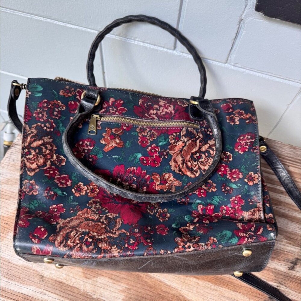 Patricia Nash Floral Tapestry Handbag W/ Black Leather Accents Adjustable Strap